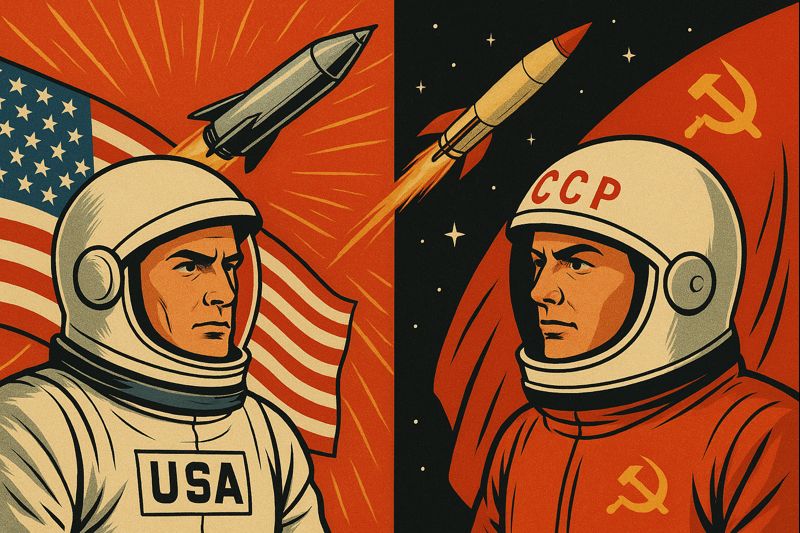 Retro space race illustration showing two competing space agencies