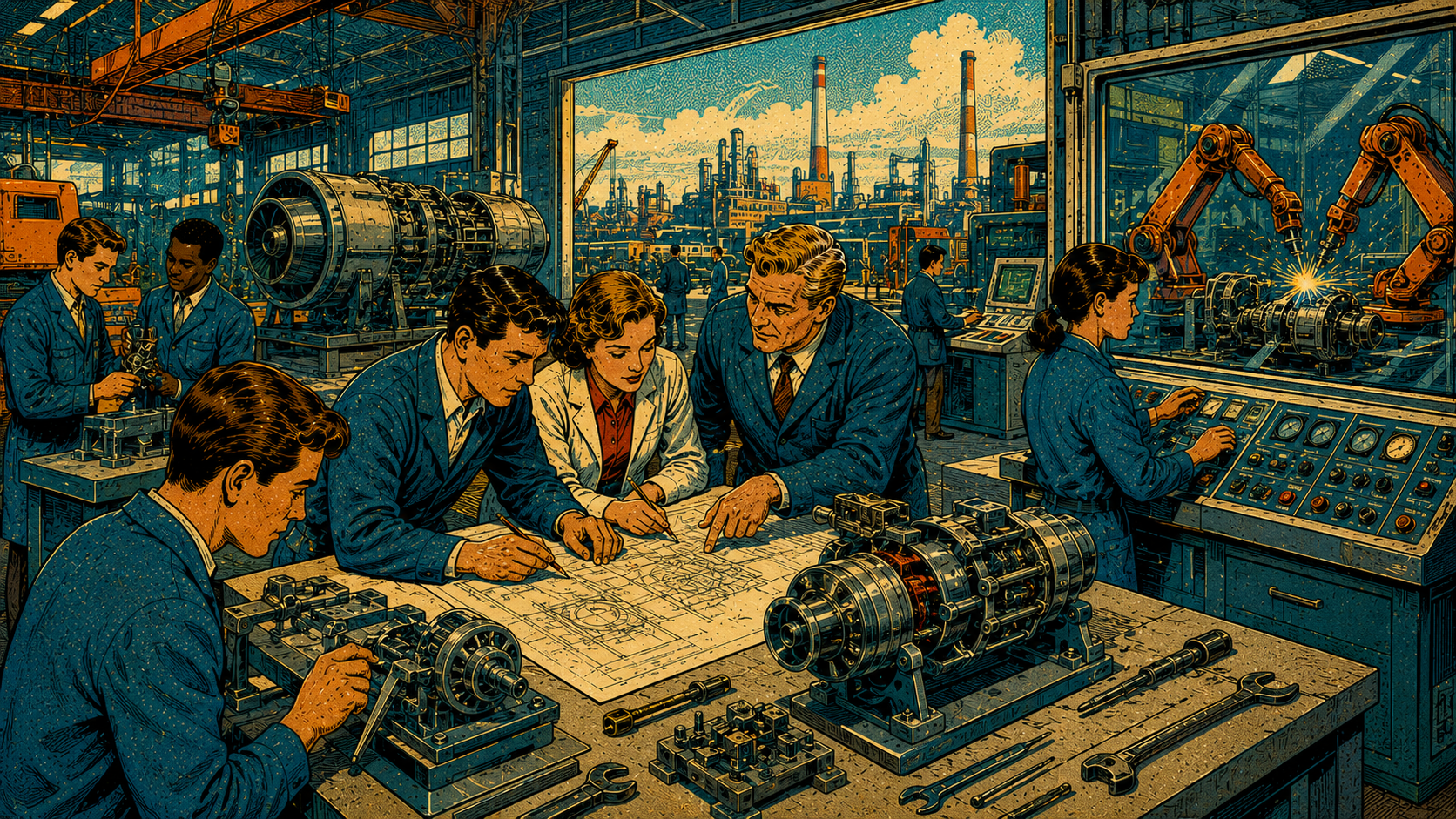 Engineers collaborating around advanced industrial machinery