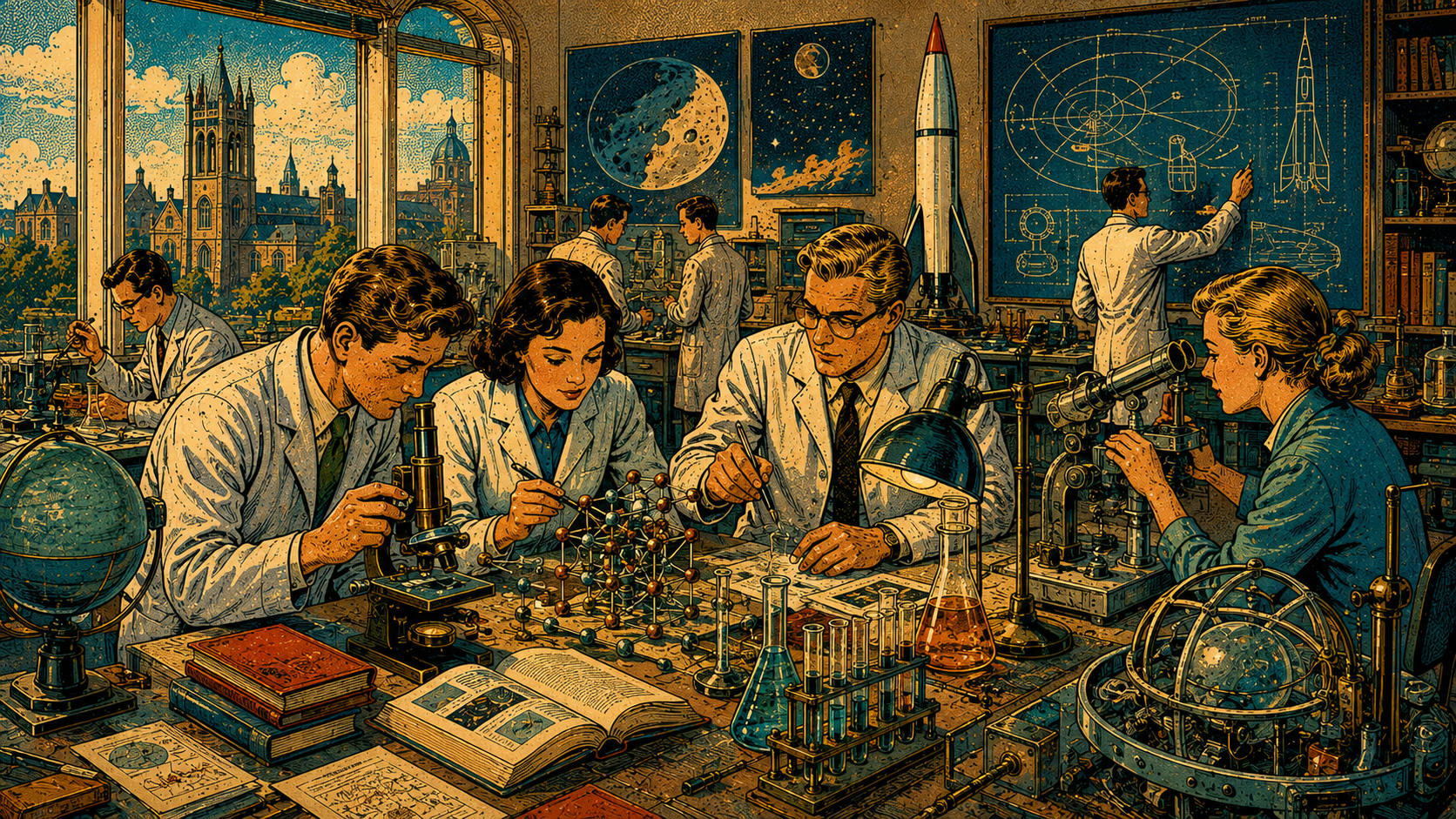 Researchers working together in a university science laboratory