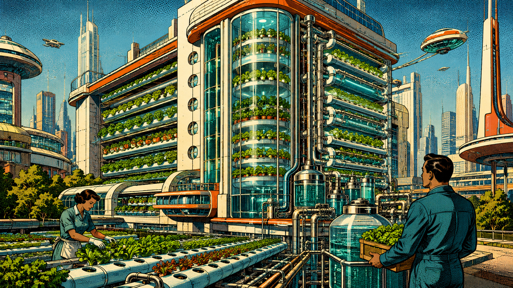 Retro futuristic vertical hydroponic food system integrated into a city
